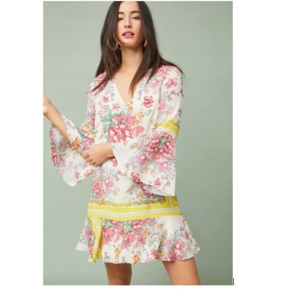 Anthropologie Alyn Silk Tunic Dress in Yellow Motif by Moulinette Soeurs –Size 4
